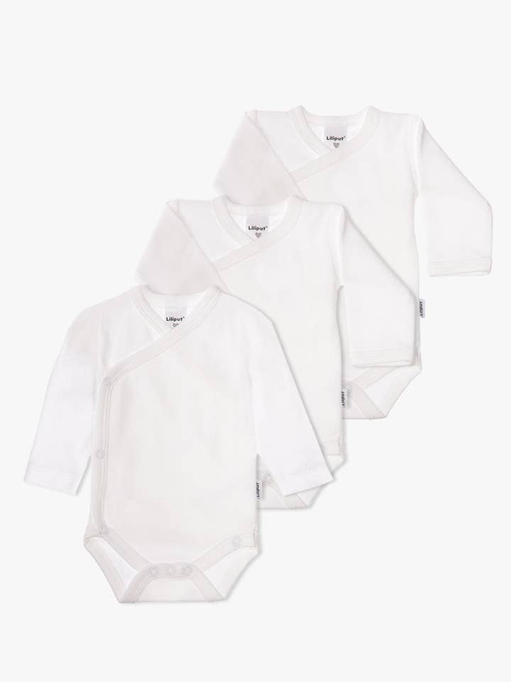 3-pack of long-sleeve wrap bodysuits in white for wholesale by Liliput
