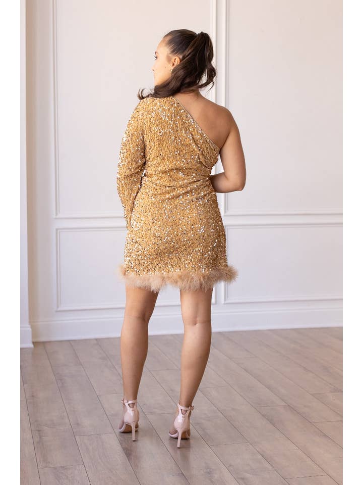 Feathered Opulence Sequin Dress in Gold for wholesale on Faire
