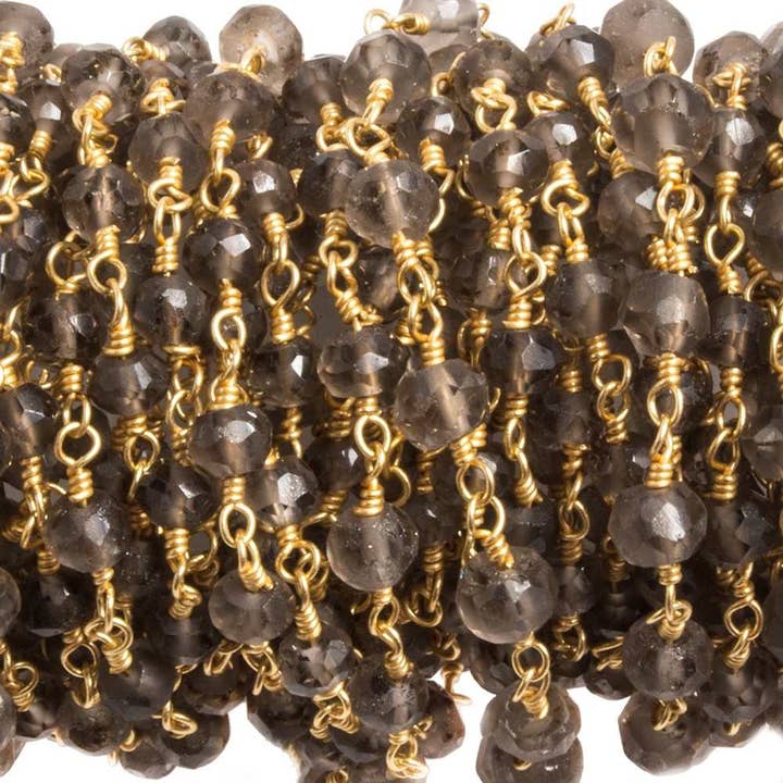 3-4mm Smoky Quartz round Gold plated Chain by the foot 36 pieces for wholesale by Beads of Cambay