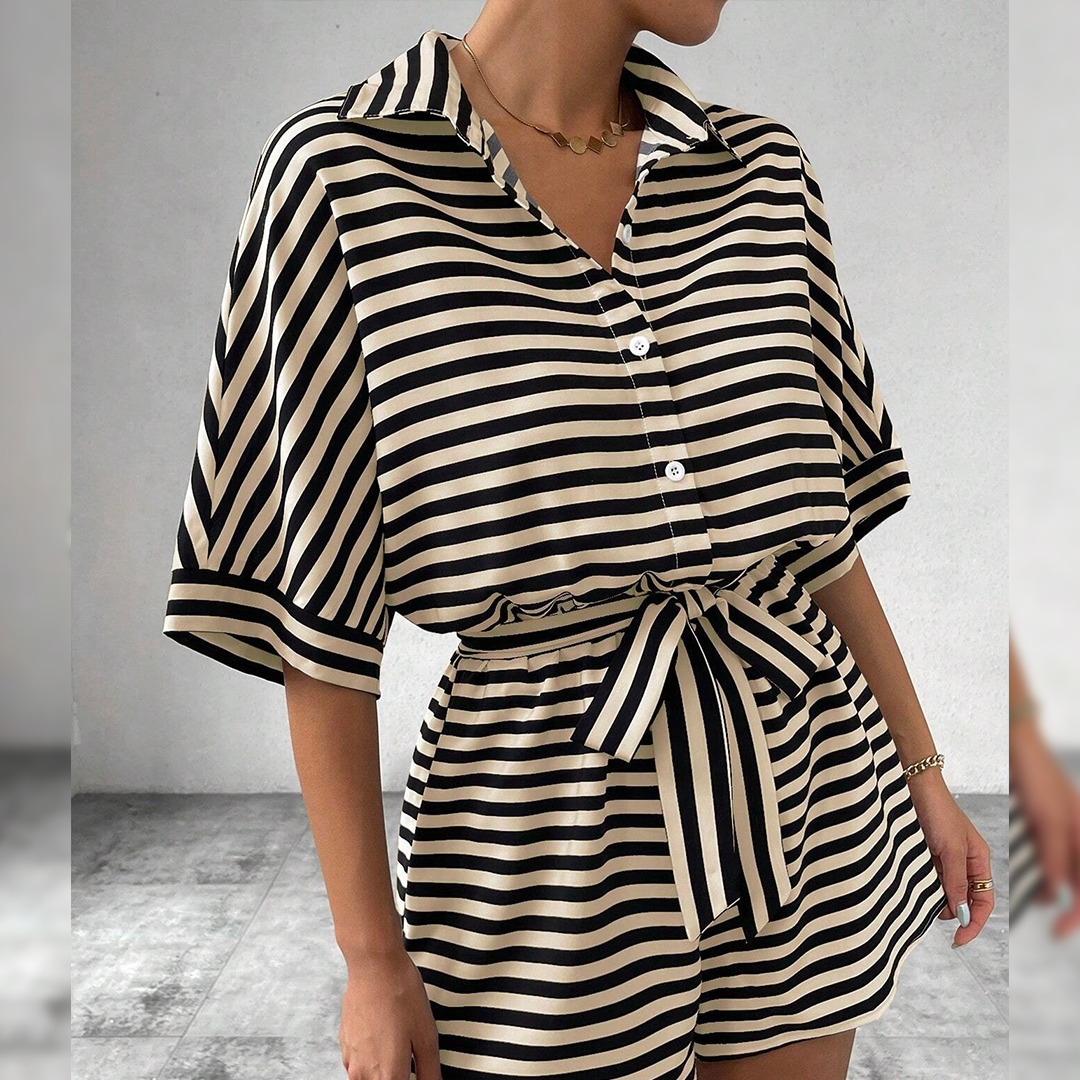 UNISHE - Wholesale Romper - Women's - Summer Striped Lapel Button-Up Belted Shorts Romper AXR1296