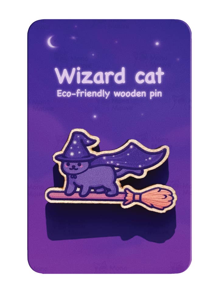 Wizard Cat Pin Badge | Cute Halloween Wooden Pin for wholesale by Mona Mauve • Silly Art!
