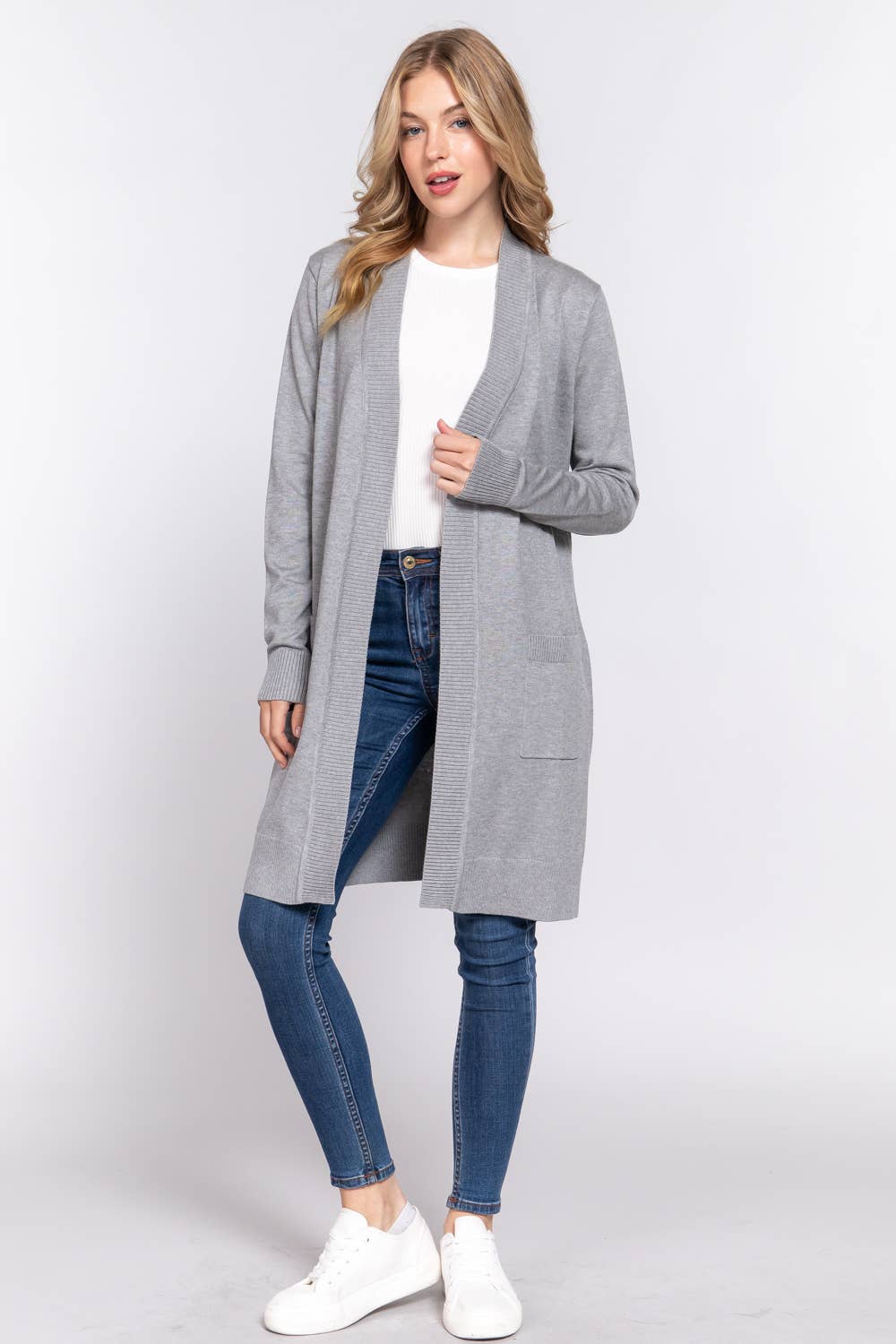 Active Basic | Active USA - Vendita all'ingrosso Cardigan - Donna - Cardigan tunica aperto a costine con maniche lunghe e banda3