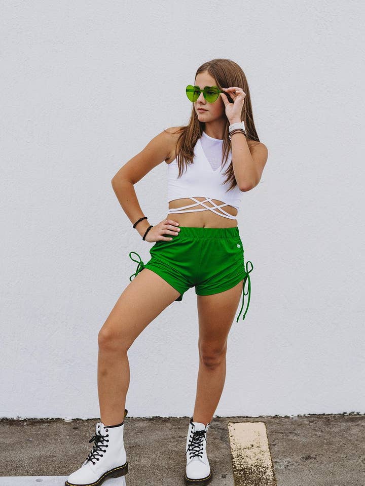Youth Kelly Green Electric String Shorts for wholesale by Werk Dancewear