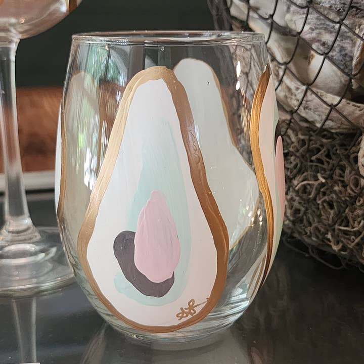 Sugarcane Home - Wholesale Wine Glass - Hand Painted Oyster Stemless Wine Glass - Beach Sunset