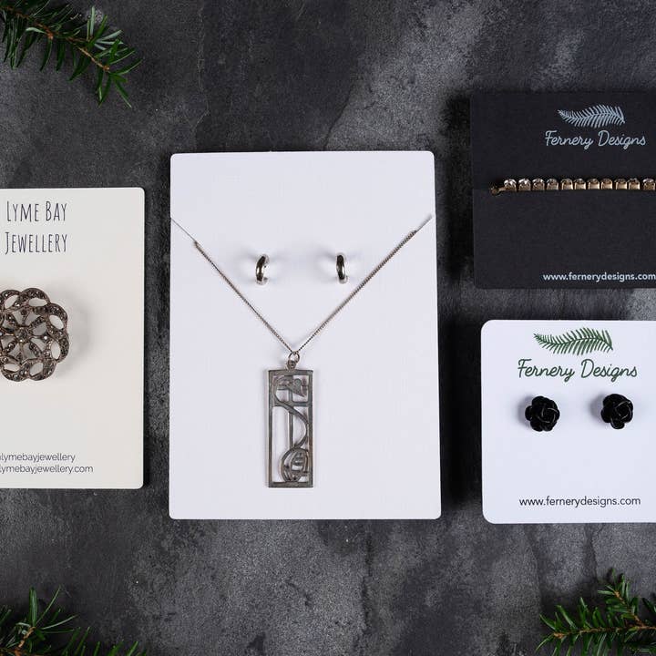 Custom Printed Brooch / Badge Display Cards 10cm x 7.5cm / c. 4” x 3” inches for wholesale by Fernery Designs