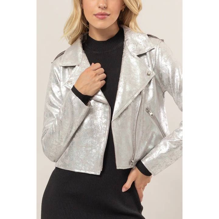 Creased Foil Suede Moto Jacket for wholesale by Apolline