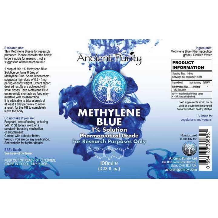 Ancient Purity - Vente Supplément oral/vitamine - Bleu de méthylène - 100 ml | Solution à 1 % | Pureté de 99,99 % de qualité USP