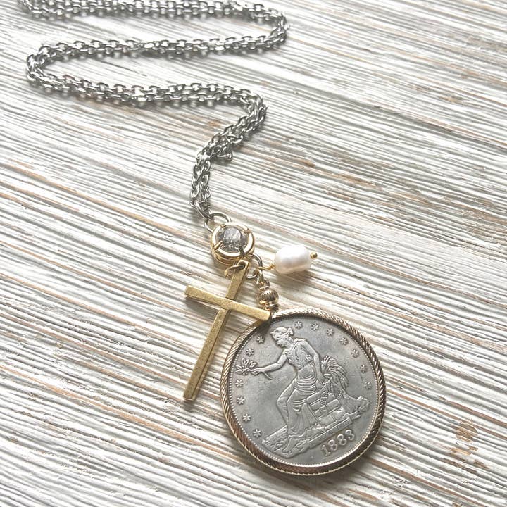 American coin long necklace non tarnishing jewelry for wholesale by VB&CO Designs Handmade Jewelry
