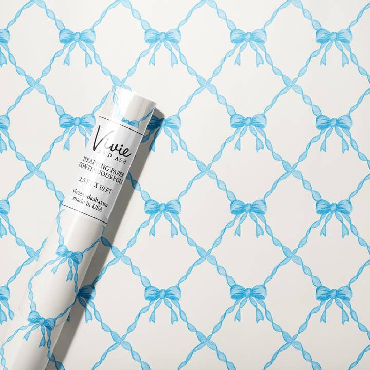 Blauwe aquarel Bow Trellis inpakpapier op rol voor wholesale door Vivie and Ash