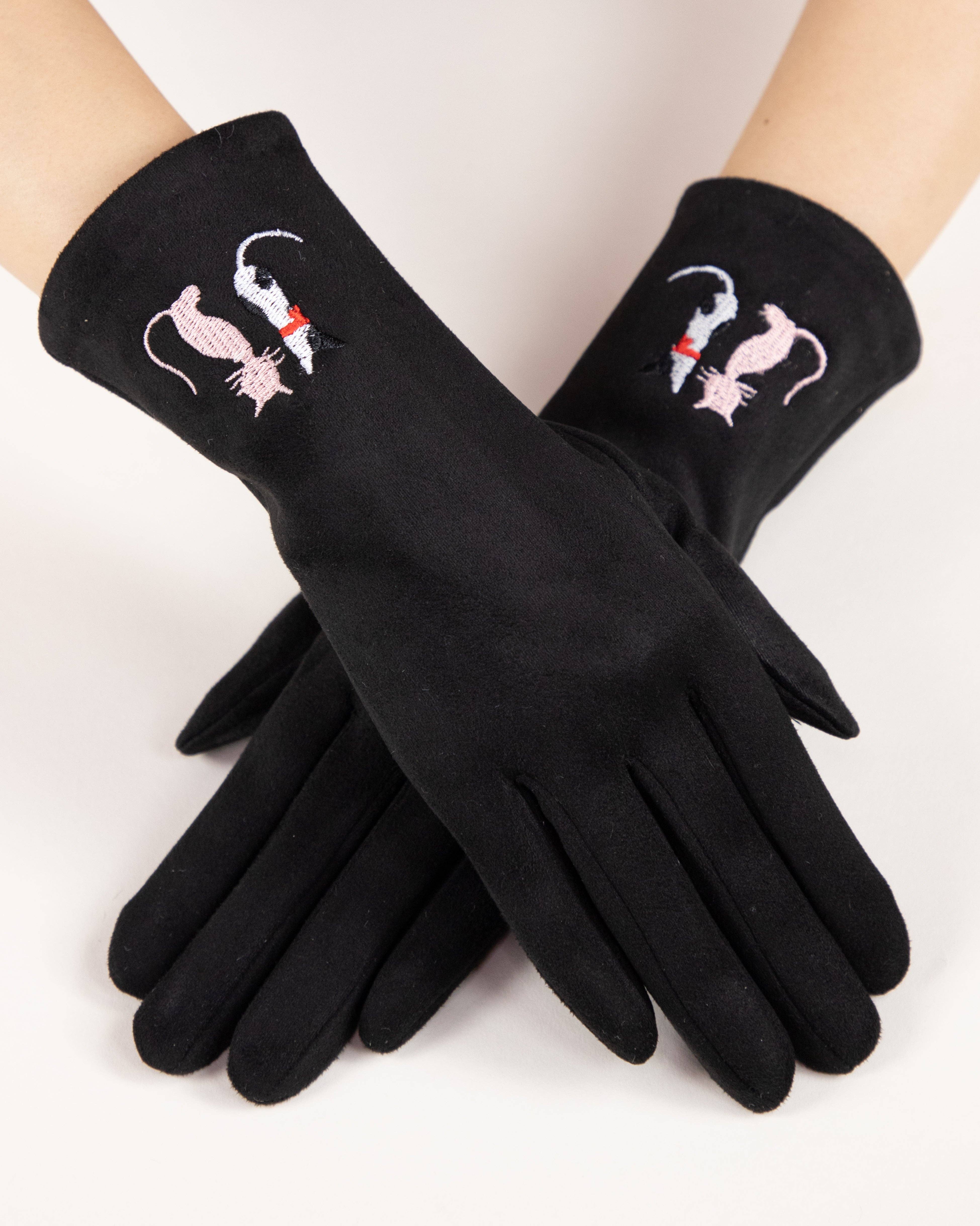 Original USA - Vente Gants – femme - Gants brodés de chat en faux suède (TS)5