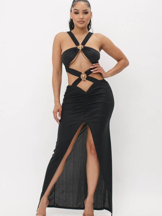 Maxi abito con cinturino a X con bordo dorato per la vendita all'ingrosso da parte di Belita Collection