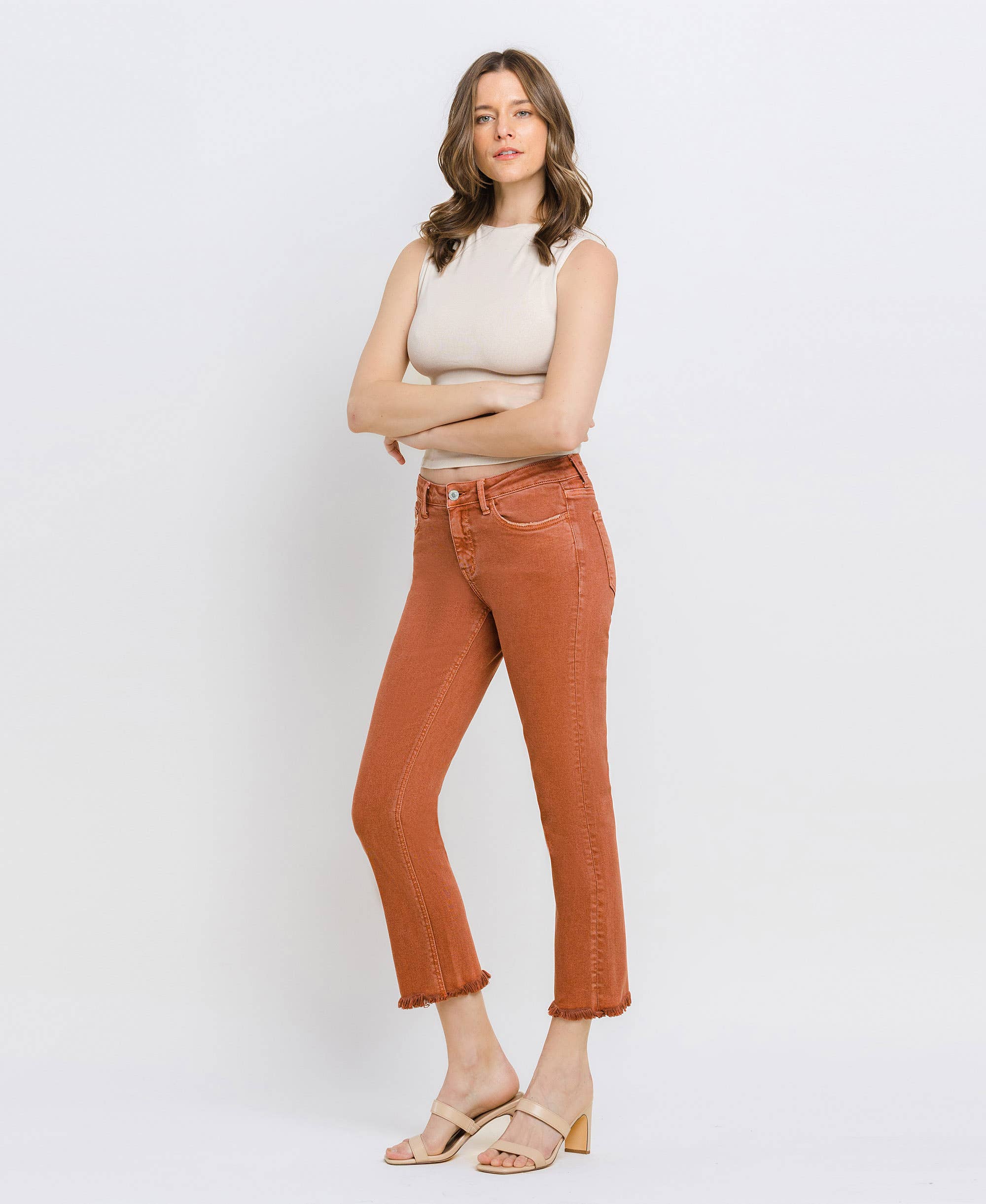 BAKED CLAY MID RISE FRAYED HEM CROP SLIM STRAIGHT JEANS V3500BKC for wholesale on Faire8