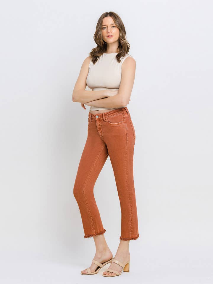 BAKED CLAY MID RISE FRAYED HEM CROP SLIM STRAIGHT JEANS V3500BKC for wholesale on Faire8