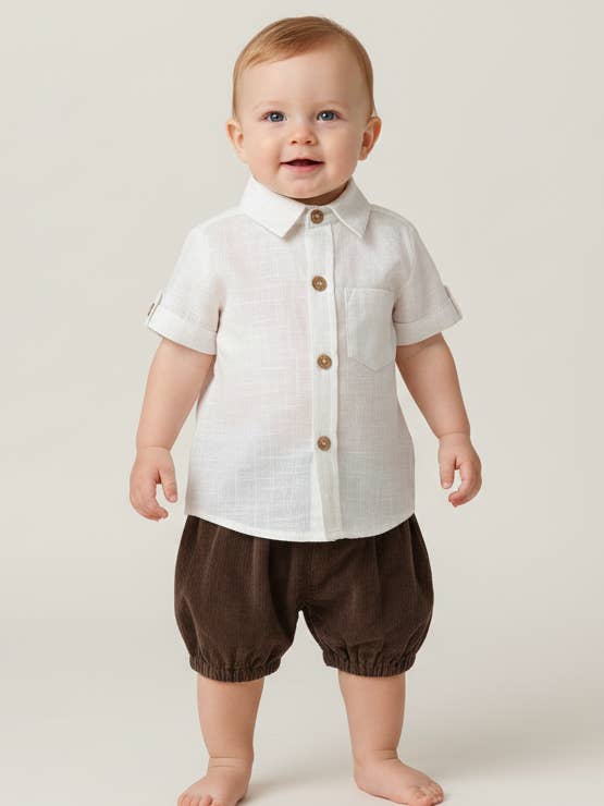 Camisas de niño de lino de algodón blanco y pantalones cortos de pana de color sólido - Juego de 5 piezas para venta al por mayor de Yo Baby