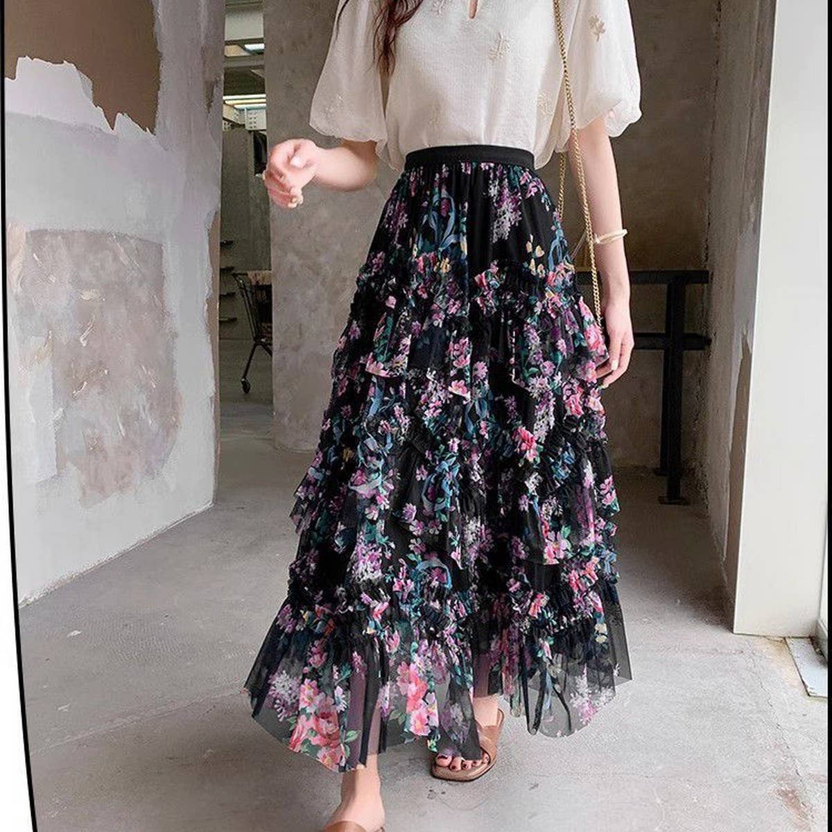 ACCITY - Wholesale Skirt - Women's - COLORFUL FLORAL MESH PRINT PLEATED TULLE SKIRT_CWBLS039930