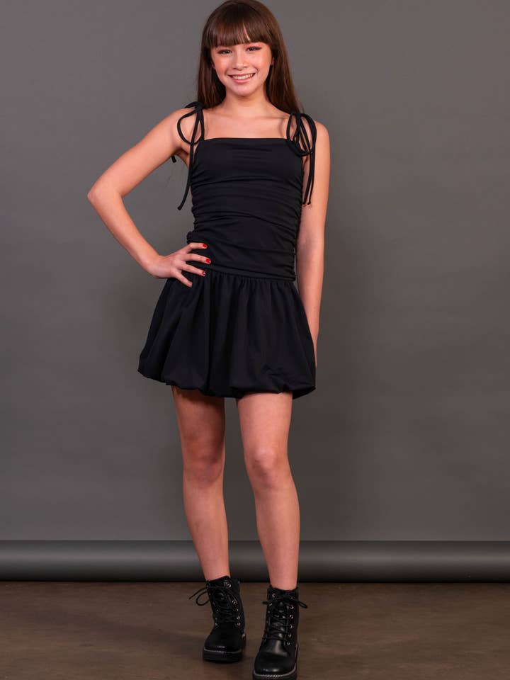 RUBY Tie Straps Ruched Bubble Dress for wholesale by Miss Behave Girls Corp.