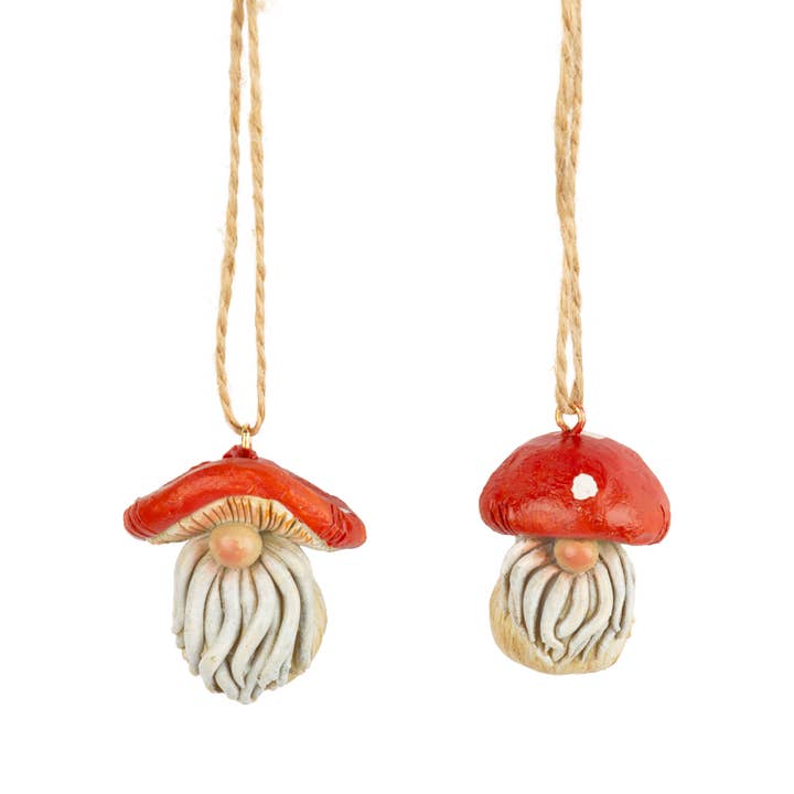 Silver Tree Home & Holiday - Wholesale Ornament - A01512: 2 Asst pntd resin mini gnome mushroom orns,1.3,1.5in
