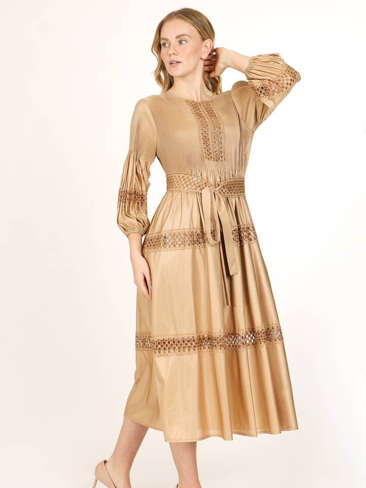 Sequined Lace Inset Panel Details Midi Dress QM3065 for wholesale by Beulah Style