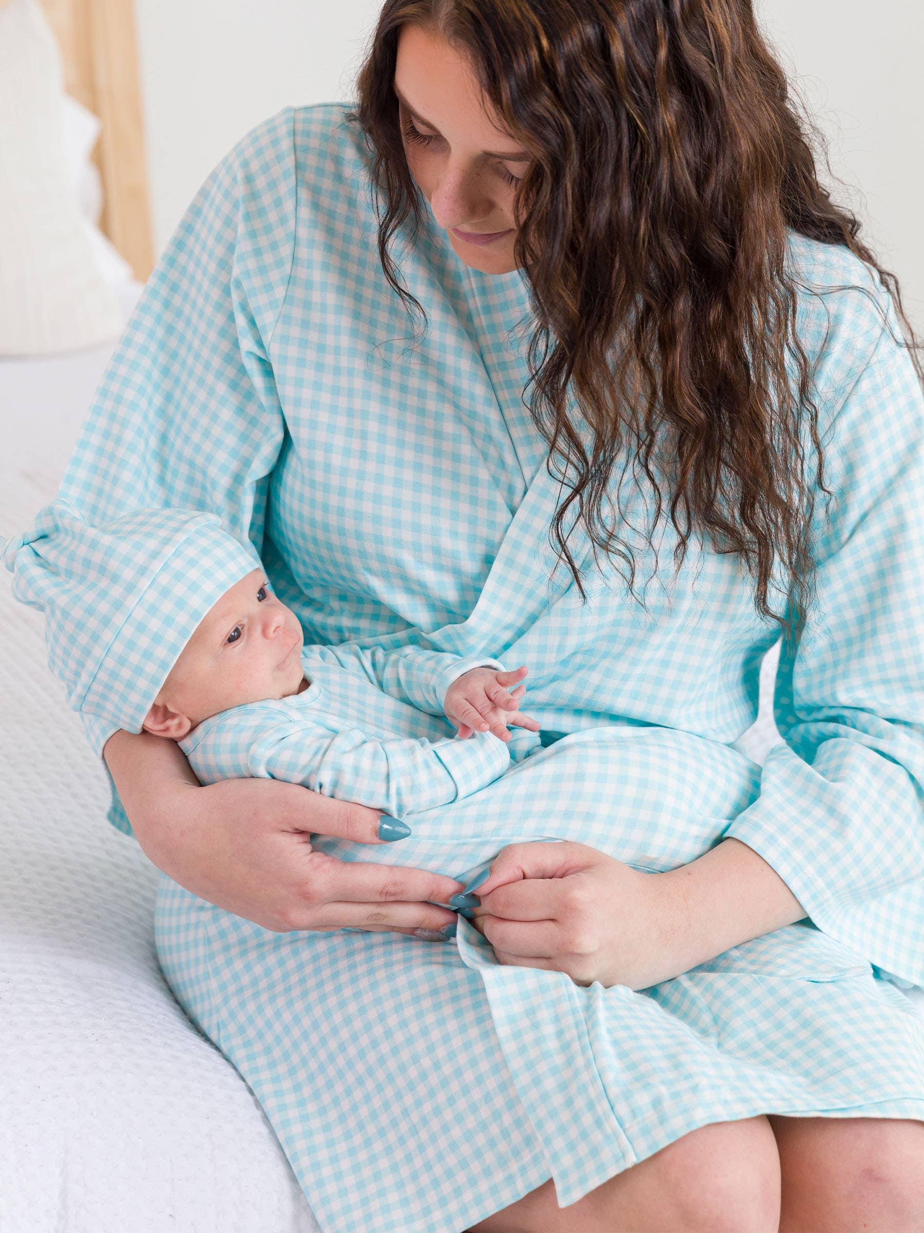 SoftSnooze™ Women's Cotton Modal Blue Breeze Gingham Mommy & Me Maternity Robe for wholesale on Faire3