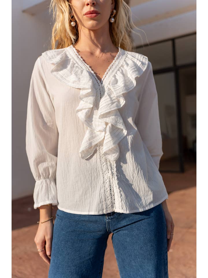 CHOKLATE PARIS – Engroshandel Bluse - Dame – Bluse Billy i bomuld med flæsekrave - 81047
