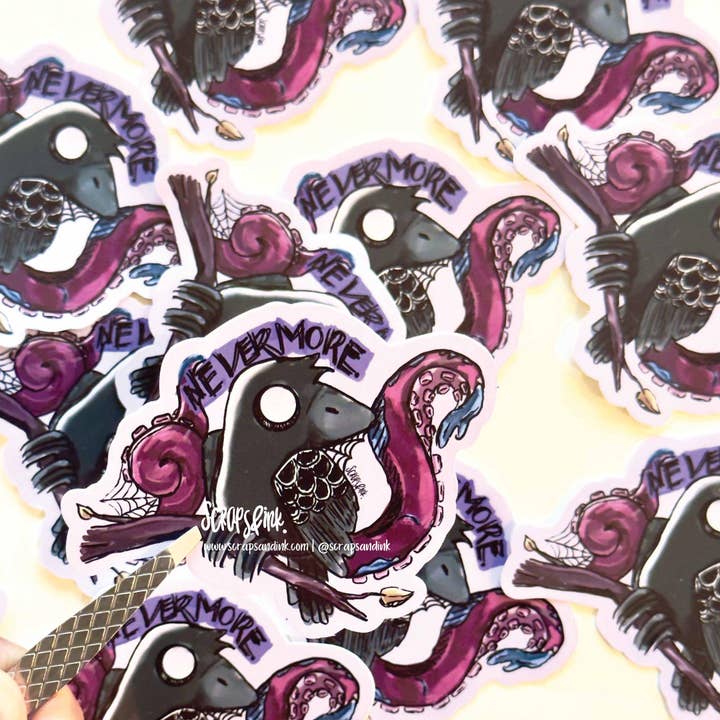 Nevermore Raven Poe Hand Drawn Macabre Sticker Set for wholesale by Scraps & ink