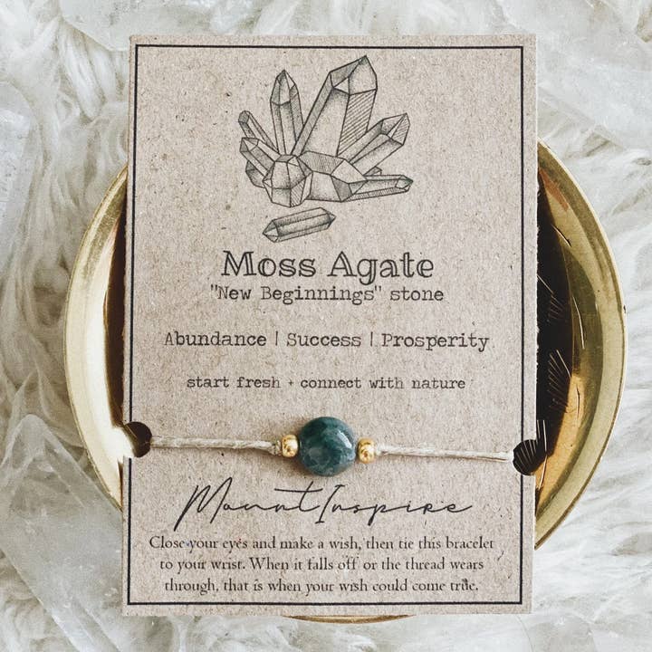 Moss Agate Crystal Wish Bracelet with Hemp Cord & Gold Beads for wholesale by MountInspire Ltd.
