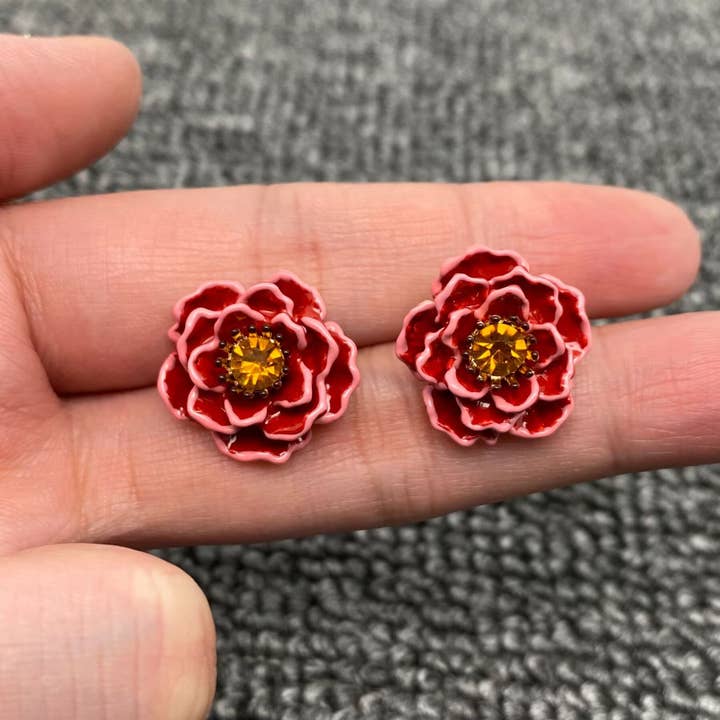Vintage Inlaid Rhinestone Red Enamel Flower Studs Earrings for wholesale by Mio Queena