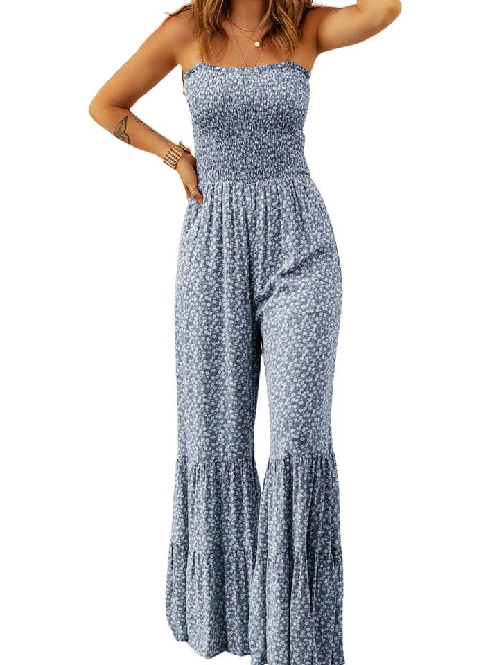 Lovesoft - Wholesale Jumpsuit - Dames - Jumpsuit met smalle bandjes en smockerlijfje en wijde pijpen en bloemenprint3