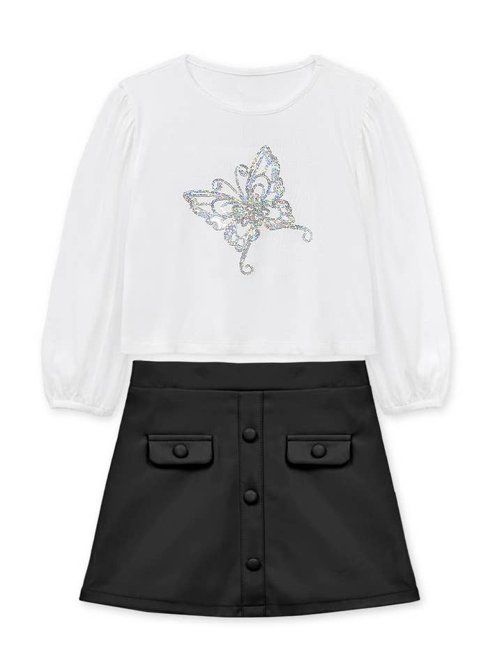 Conjunto de Top de Manga Larga y Falda de Cuero Sintético para Niña GKSS-351501A con Mariposa para venta al por mayor de Cutie Patootie Clothing