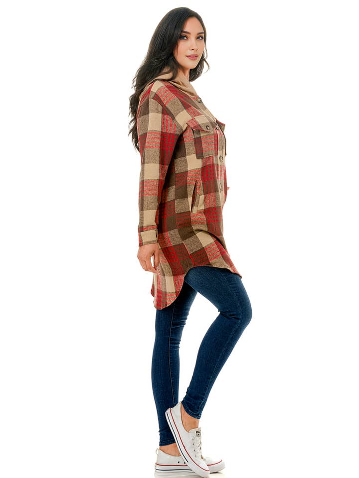Color 5 – wholesale Shirt Jacket/Shacket - Women’s – Red beige plaid flannel long shacket with hoodie and pockets12
