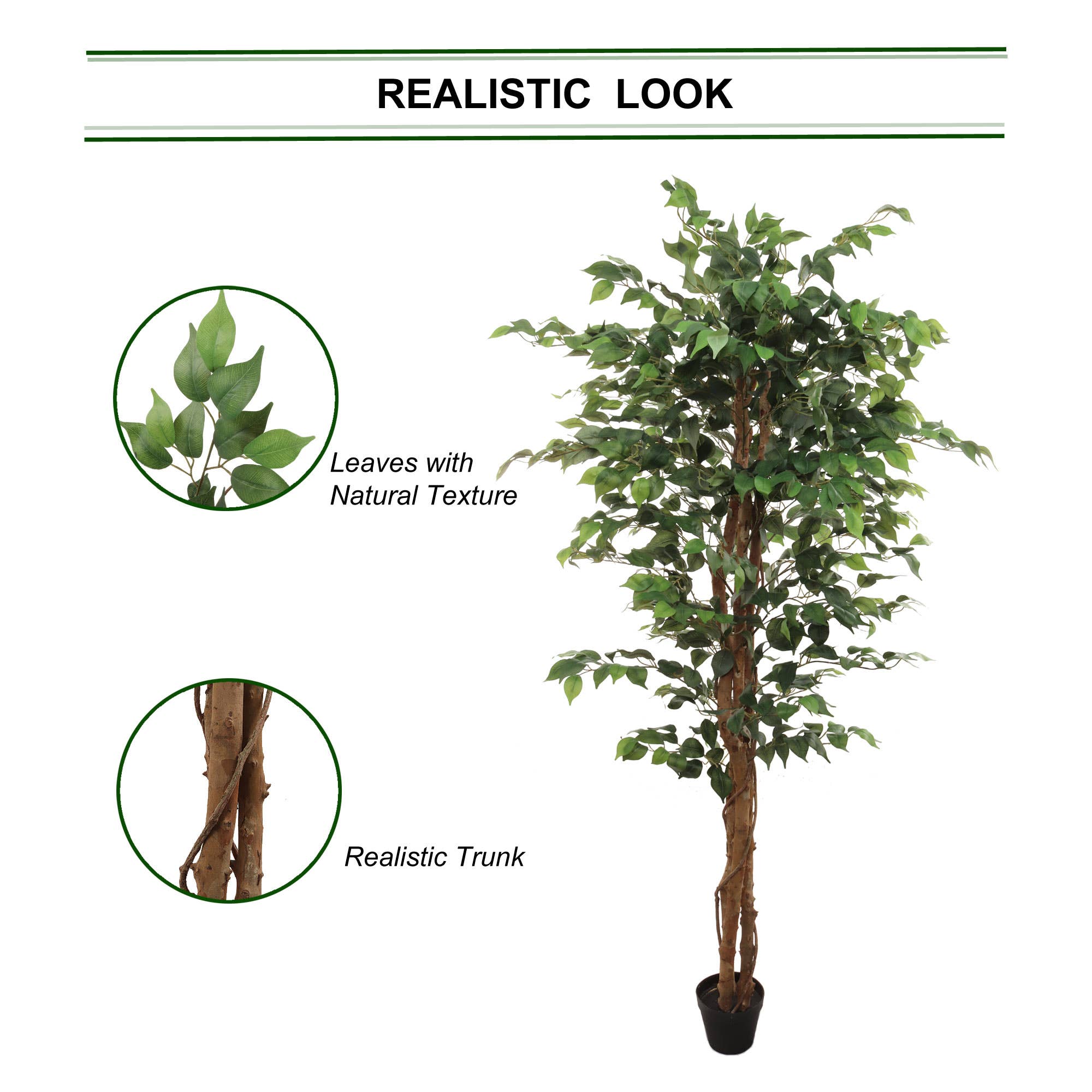 Larksilk - Venta al por mayor Plantas artificiales - Árbol artificial de ficus de 1,83 metros con 1008 hojas y maceta negra4