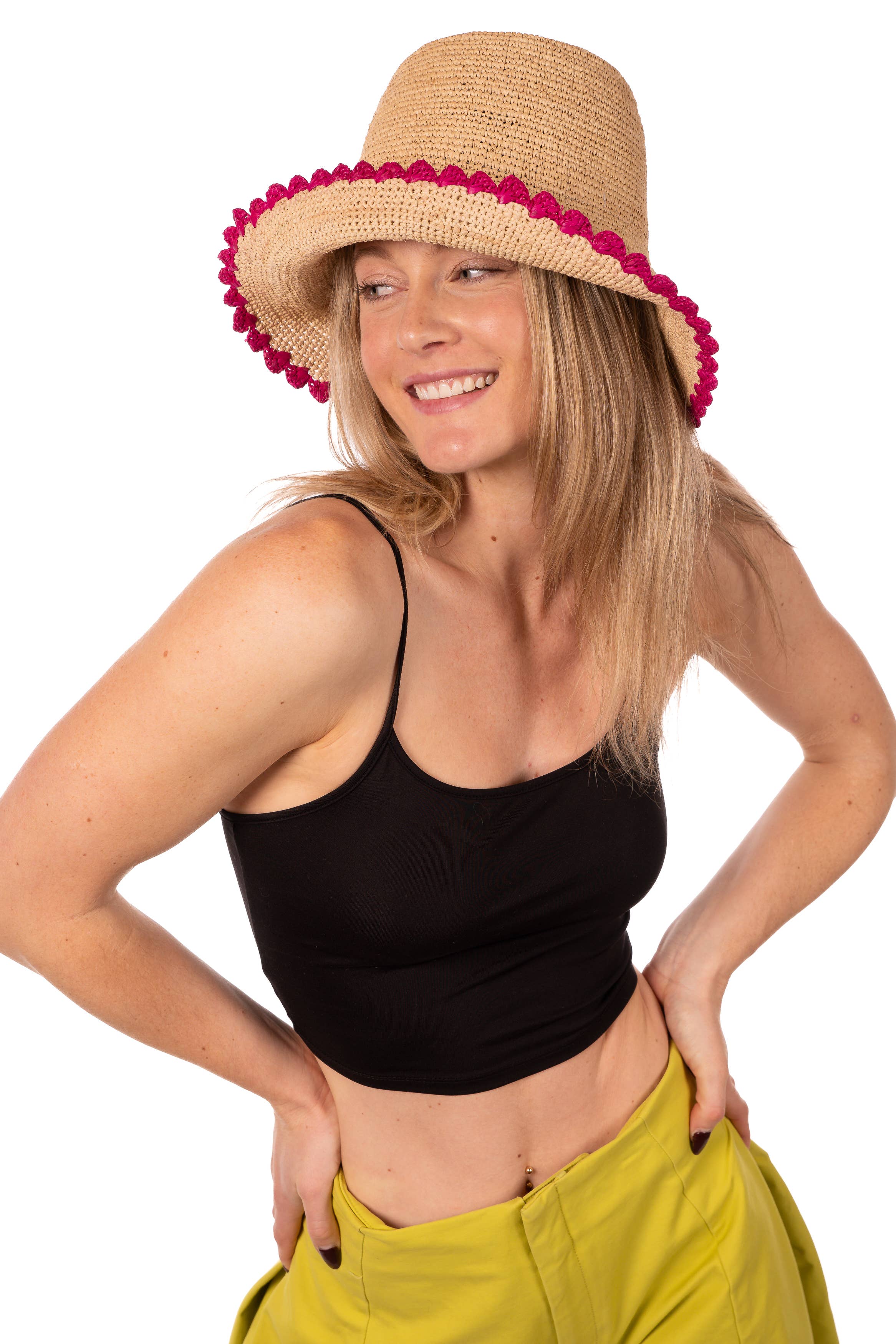 Shebobo - Wholesale Bucket Hat - Unisex - Kate 3" Brim Crochet Bucket Straw Hats with Colored Edge7