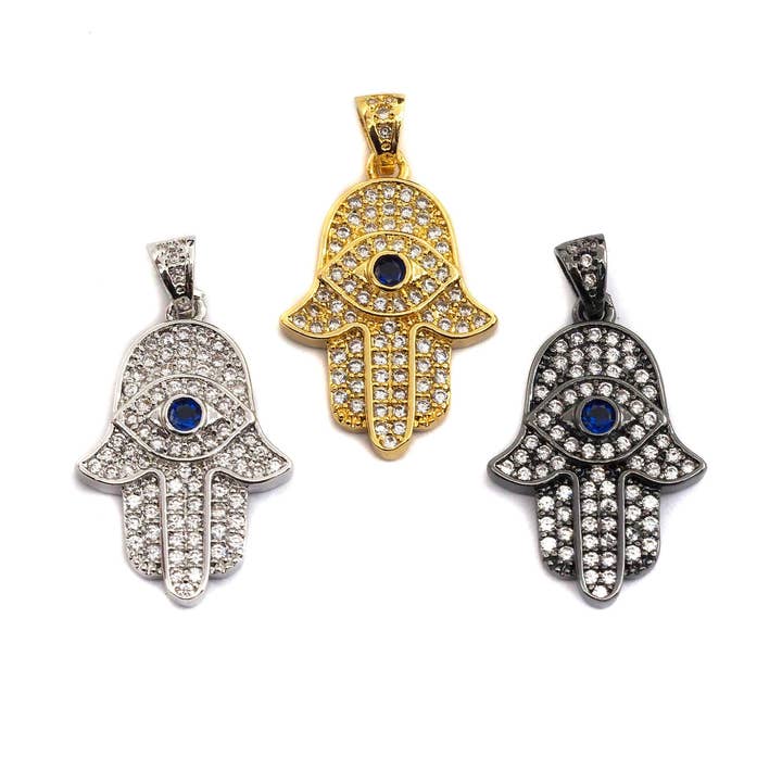 Clear Cobalt Blue CZ Micro Pave Evi Eye On Hamsa Hand Shaped Pendant/Charm, Cubic Zirconia Pendant Charm,15x23mm,sku#Z570 for wholesale by BestBeads&Beyond