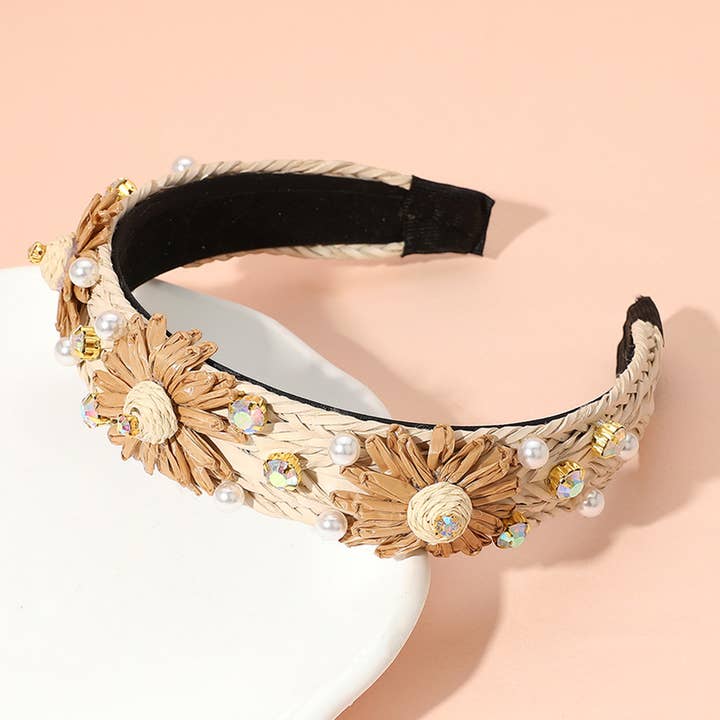 Sensibling Corp. - Wholesale Fashion Headband - Women's - Paper Flower Pearl Stone Cluster Raffia Braided Headband