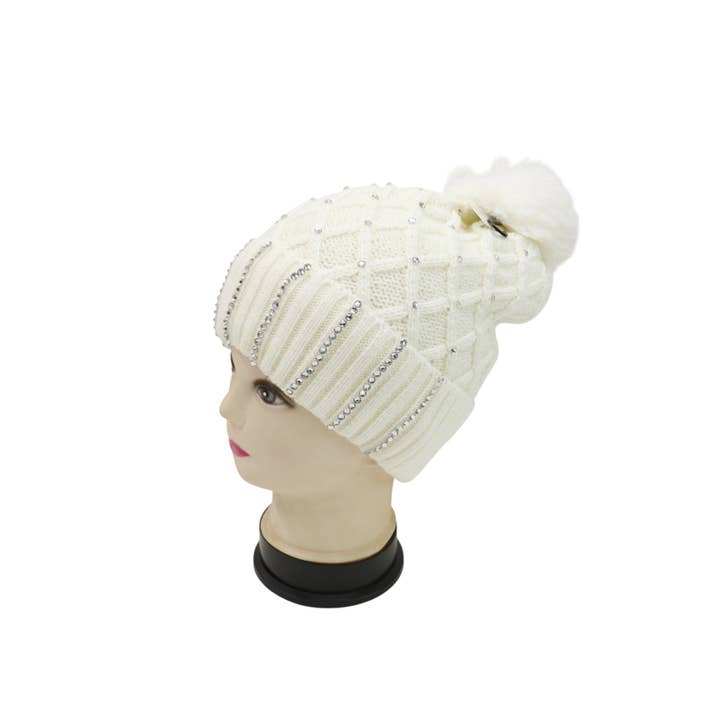 ASSORTED Pom Pom Knitted Beanie With Rhinestone HA4727-8 (12PC) for wholesale on Faire15