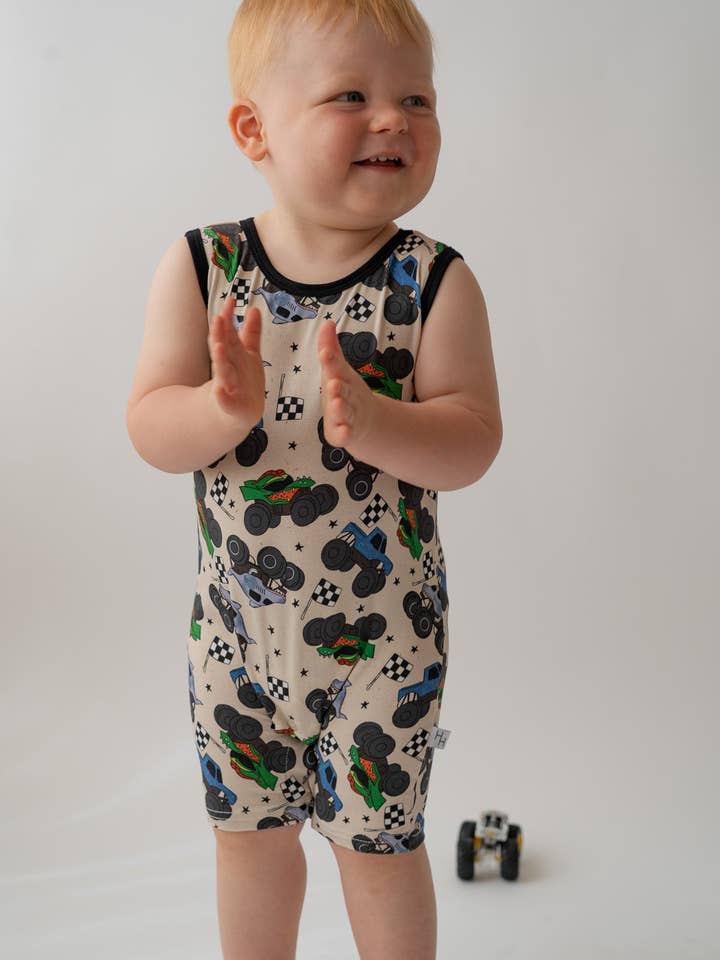 Monster Truck Shorty Tank Romper for wholesale by House of Henry