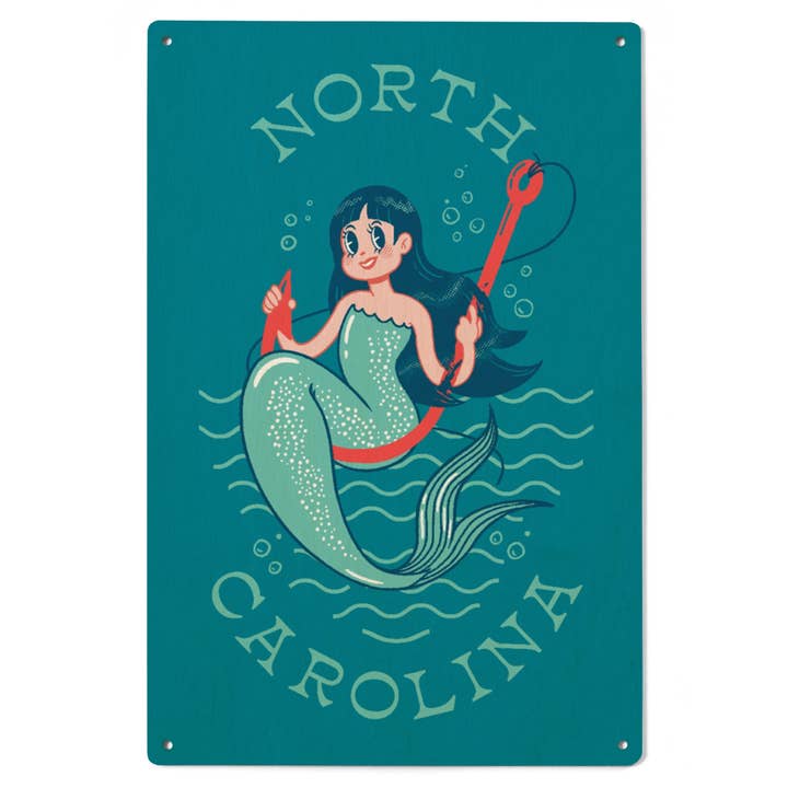 ART EN BOIS SIGNE Caroline du Nord, Mascotte Vintage, Sirène pour la vente par Lantern Press