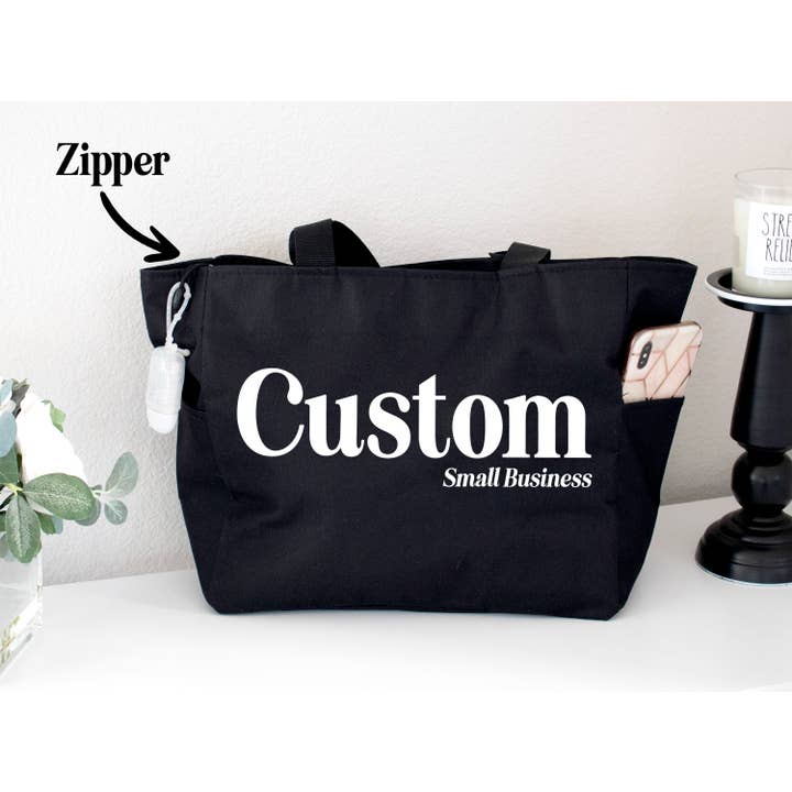Nobullwoman Apparel - Wholesale Tote Bag - Women's - CUSTOM Small Business Tote Bag with Zipper and Side Pockets