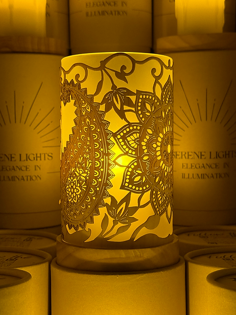 Serene Lights - Wholesale Decorative Tabletop Object - Mandala, Decorative Candle Holder – Laser Etched, Handmade Wood Veneer, Rechargeable LED Candle2
