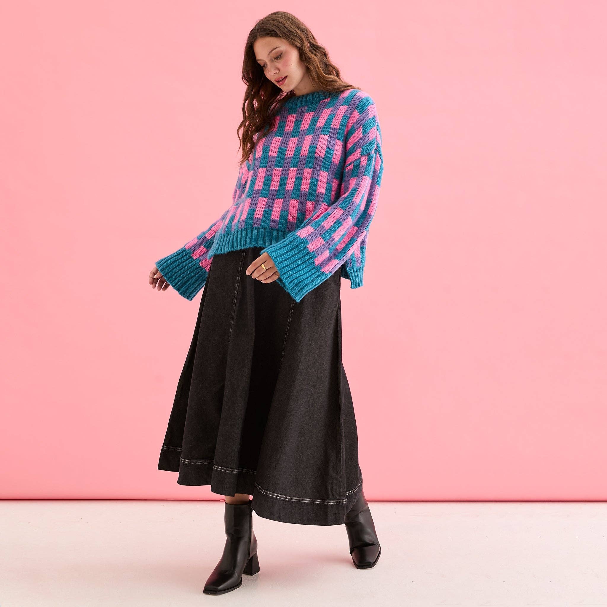 Cara & The Sky - Vendita all'ingrosso Maglione tricot - Donna - Maglione a Maglia con Ampie Maniche a Motivo Geometrico Charlotte - Teal5