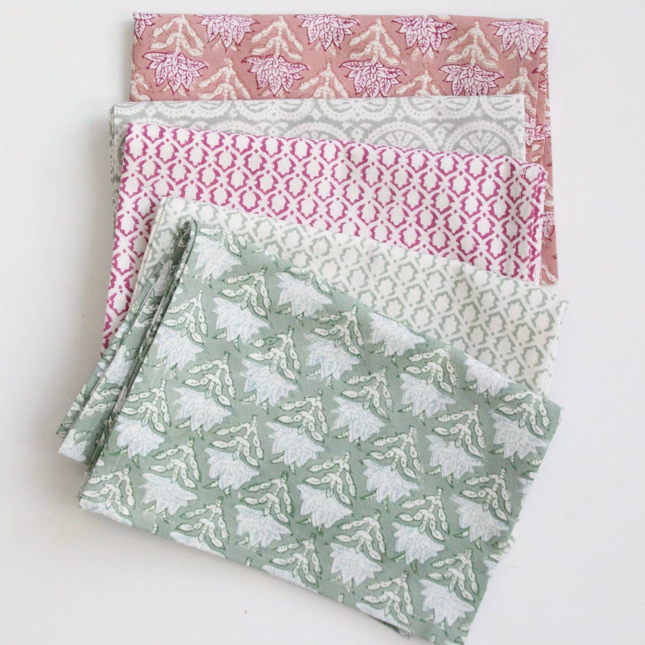 Rozablue - Wholesale Theedoek/vaatdoek - Handbedrukt theedoek van stof met dusty rose en groen motief, 50 x 70 cm2