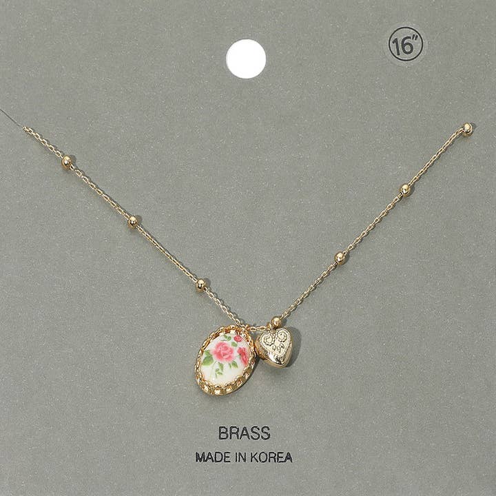 Floral Ceramic Oval Heart Pendant Bead Chain Necklace for wholesale by Sensibling Corp.