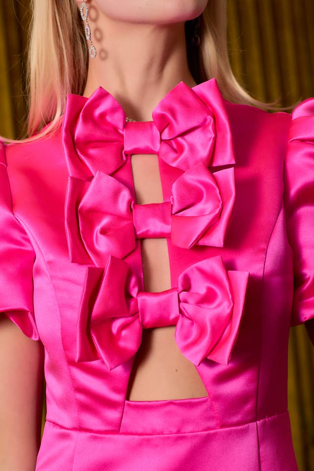FUCHSIA Ribbon detail dress with puff sleeves for wholesale on Faire