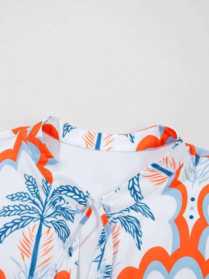 Orange Contrast Palm Tree Printed Short Sleeve Flowy Dress for wholesale on Faire