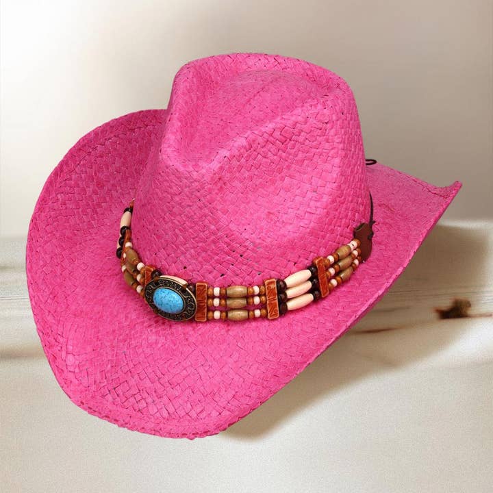 Sensibling Corp. - Wholesale Cowboy Hat - Women's - Turquoise Stone Wooden Beaded Band Straw Cowboy Fedora Hat