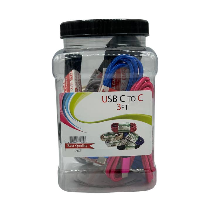 USB C to C 3FT Cable Jar Charger Display 24CT for wholesale by K & S WHOLESALE INC