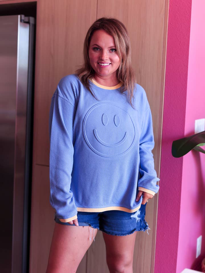 Embossed Waffle Pullover - Happy Days (Blue/Yellow Smiley) for wholesale by Jadelynn Brooke