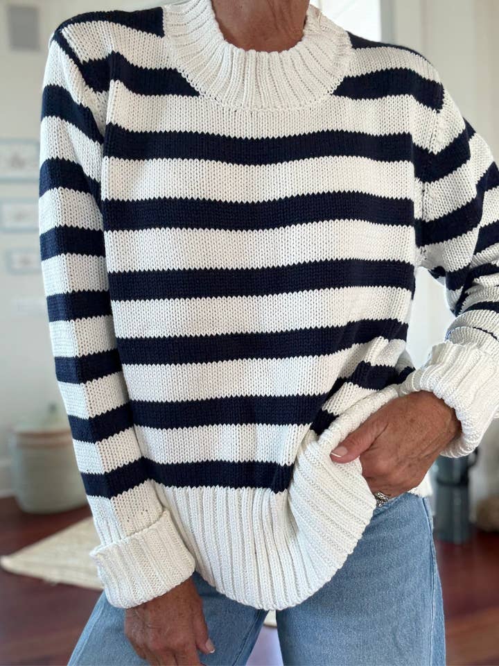LENA Cotton Sweater in Wide Stripe White/Navy for wholesale by Pink Pineapple