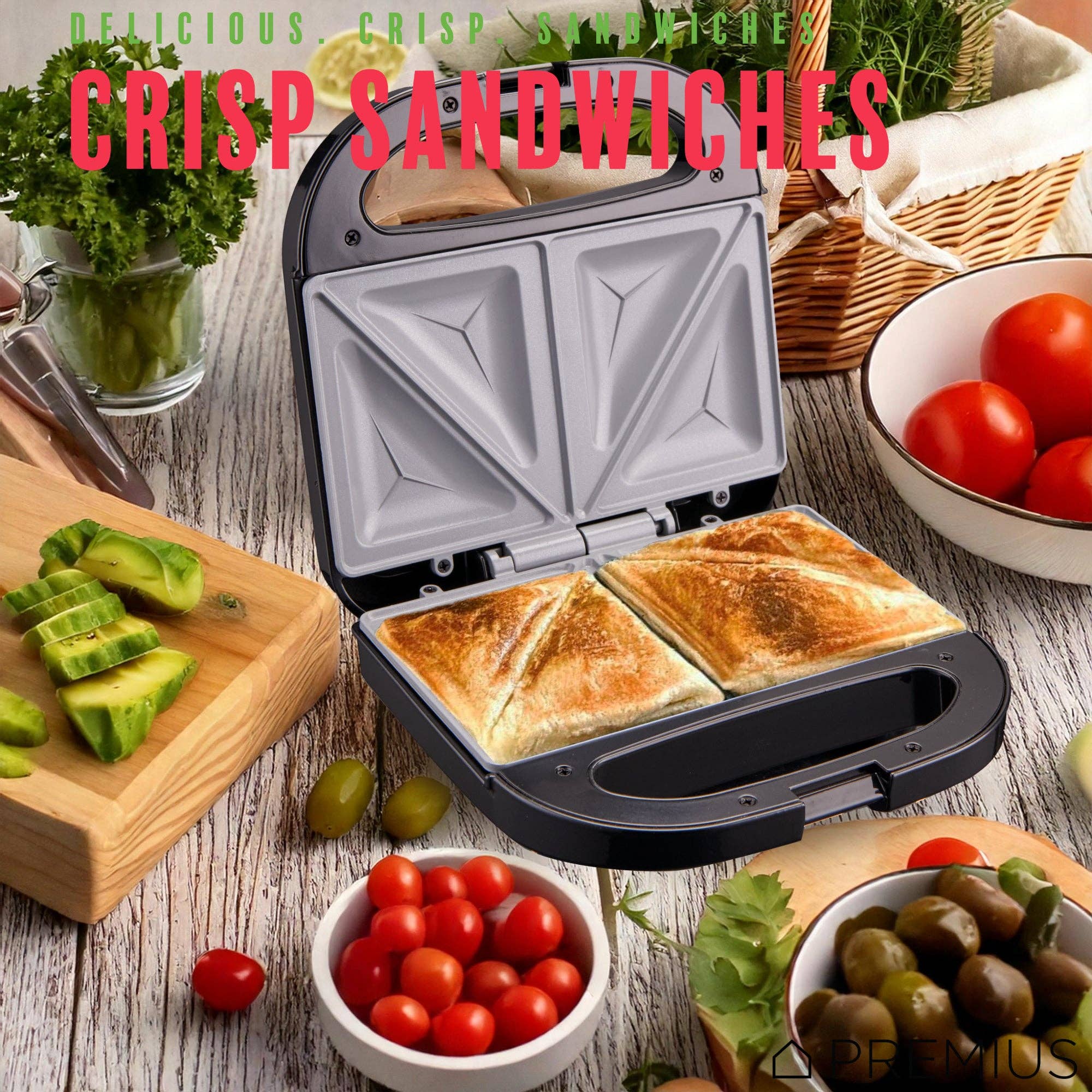 ShopBobbys - Wholesale Kitchen Appliance - PREMIUS Ceramic Non-Stick Double Slice Sandwich Maker, 8.25x4.75 Inch Mold14