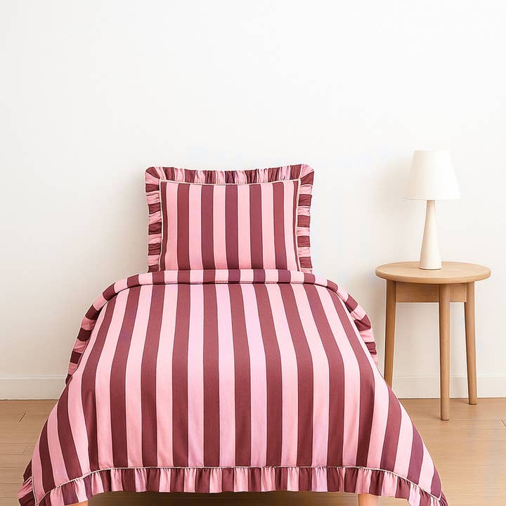 TBCo - Wholesale Bedding Set - Cotton Duvet Cover & Pillowcases Set in Pink & Burgundy Stripe7